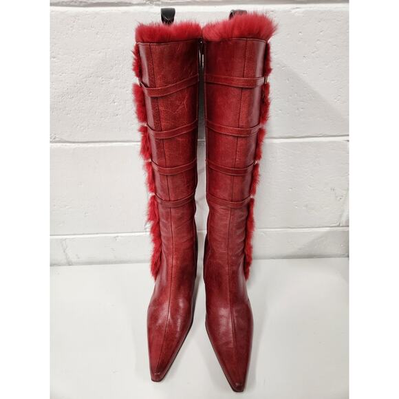 Vintage Beston Women's Red High Heels Tall Boots, Sz 7. Buckle/Rabbit Fur Accent - Picture 3 of 14